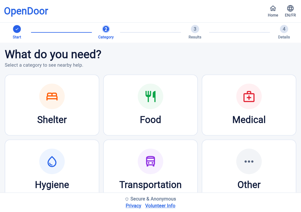The OpenDoor category screen asking 'What do you need?' with large tiles for Shelter, Food, Medical, Hygiene, Transportation and Other.