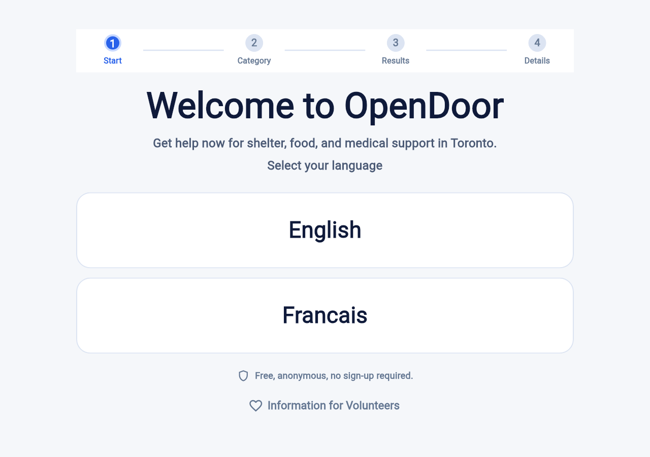 The OpenDoor welcome screen, reading 'Welcome to OpenDoor — Get help now for shelter, food, and medical support in Toronto', with large English and Francais buttons.